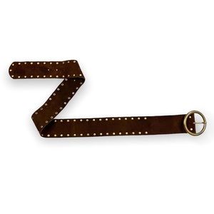 Leather Suede Brown Boho Belt bronze tone grommet details large circular buckle